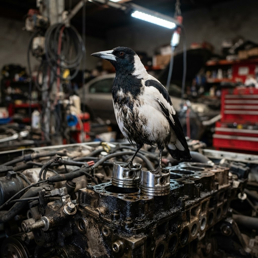 Motorskade (Pica machina) i sit naturlige levested