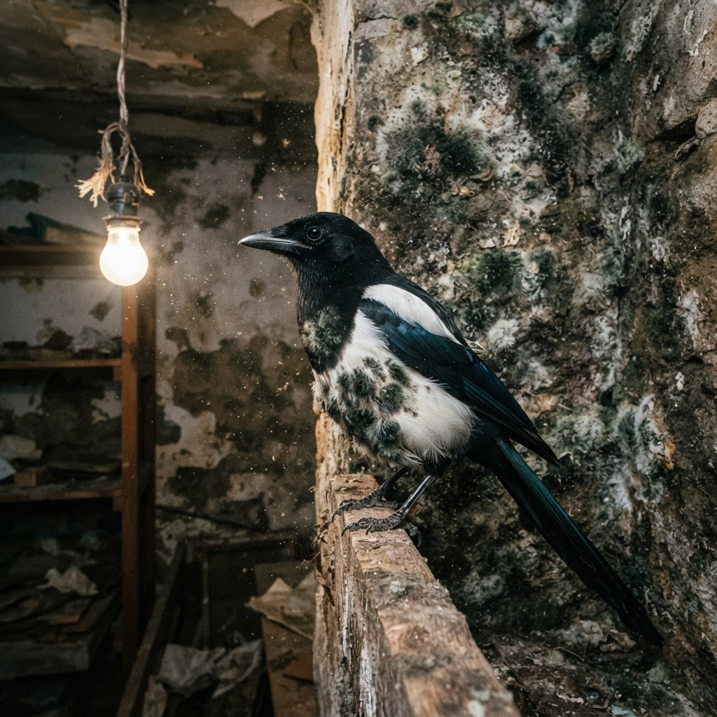 Skimmelskade (Pica mucida) i sit naturlige levested